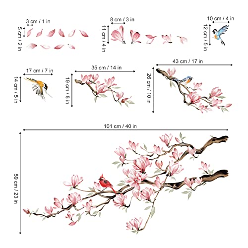 decalmile Magnolia Flowers Tree Branch Wall Decals Pink Floral Blossom Birds Wall Art Stickers Girls Bedroom Living Room TV Sofa Decor
