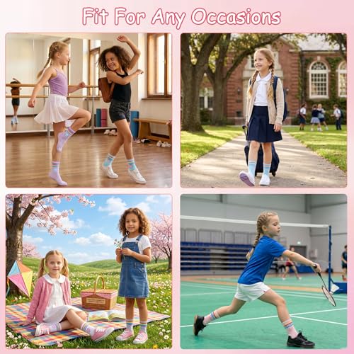 Girls Athletic Crew Socks - 6 Pairs for Ages 6-8 - Pink, Blue, Gray & More