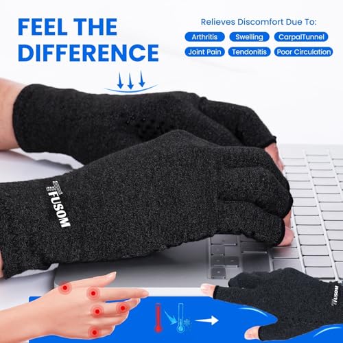 Compression Gloves for Arthritis Relief - Fingerless, Medium, Black
