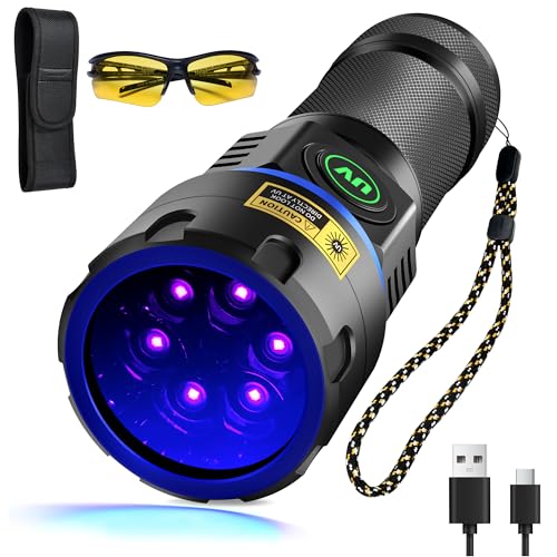 DARKBEAM UV Flashlight 365nm Blacklight 6xLED Black Light, Rechargeable Ultraviolet Flashlights USB -C Powerful 60W Woods lamp, Detector for Rock, Pet Dried Urine, Uranium Glass, Gem, Resin Curing