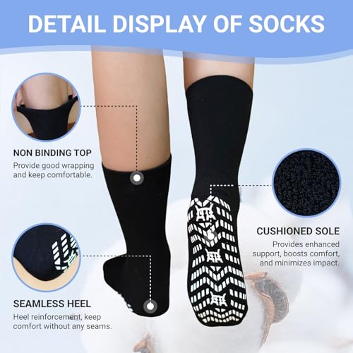 CaiDieNu Non-Slip Grip Socks for Men Black 11-13 Cushioned Cotton Crew Socks