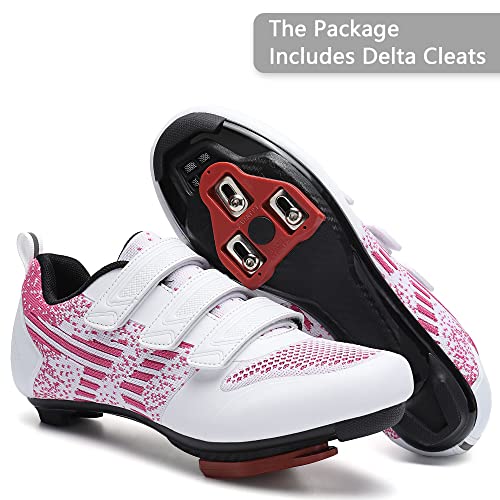 Unisex Road Cycling Shoes with Delta Cleats - White/Pink - Sizes 7 Men/9 Women