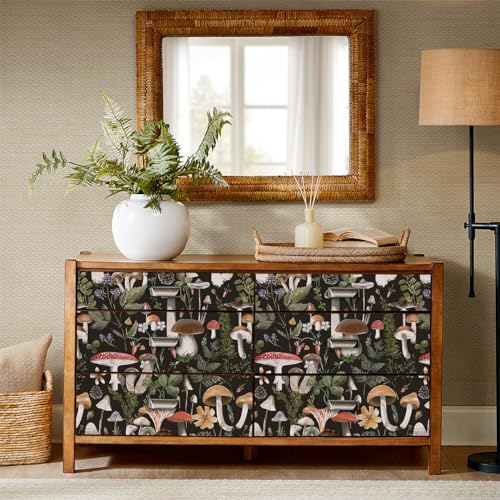 GaliGali Peel and Stick Wallpaper, Contact Paper for Bathroom/Home Decor£¬Black Boho Floral Wallpaper, Mushroom Removable Vinyl Waterproof Self-Adhesive Contact Paper, 17.3"x118", NO.A00121A-3