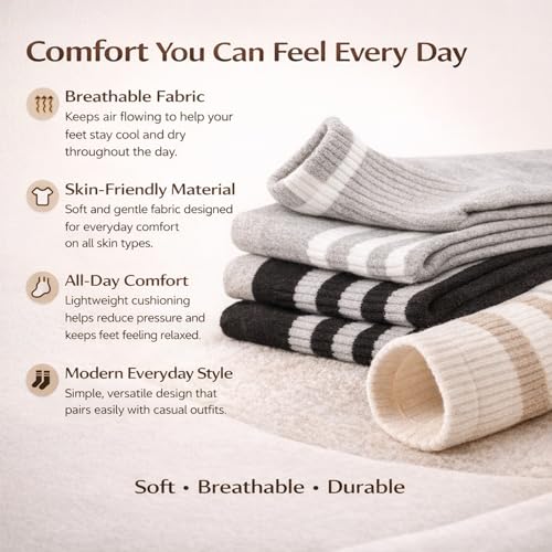 Women's Striped Cotton Crew Socks - Comfortable Athletic Socks, 4 Pairs