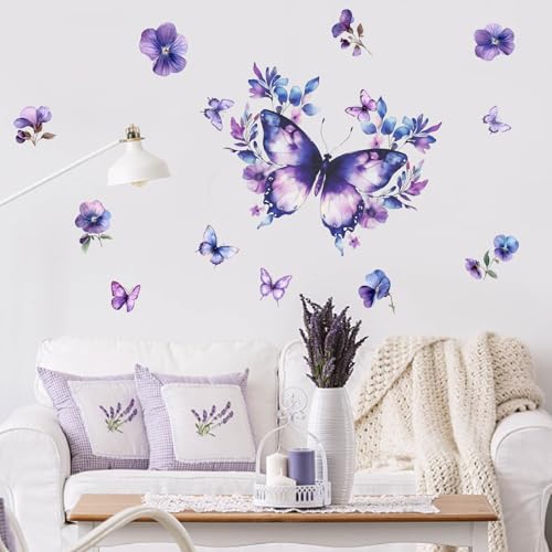 PLIGREAT 2 Sheets Purple Butterfly Wall Decals Watercolor Vinyl Peel and Stick Wall Stickers Removable Wall Art Decals for Bedroom, Living Room, Dining Room Wall Decorations DIY Home Wall Art Decor