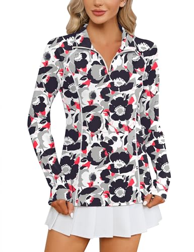 LOMON Women's Black Flower Long Sleeve Sun Protection Hiking Shirt 1/4 Zip Summer Quick Dry