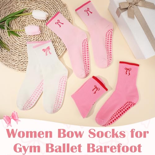 Mixed Pink Bow Pilates Socks 3/6 Pairs Non Slip Women Yoga & Fitness