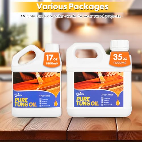 Volunu 35OZ 100% Pure Tung Oil is unadulterated,Made from Pure Pressed Tung Tree Nuts,No additives,solvents,or Synthetic Ingredients,Just All-Natural Wood Protection.