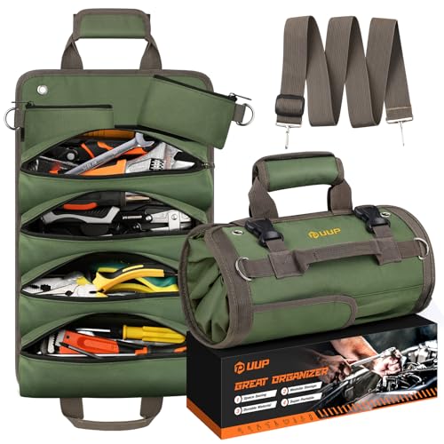 Tool Bag Roll Up, UUP Heavy Duty Portable Soft Tool Storage Organization, Foldable Empty Rollup Organizer with 2 Small Pouches, Rollable Carrying Toolbag, Dad Men Mechanic Welding Birthday Gift, Green