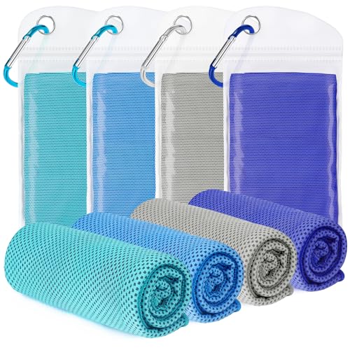 ExTowel 4 Pack Cooling Towels for Neck & Face – 40x12 inch Portable & Reusable (Royal Blue, Gray, Light Blue, Lake Blue)