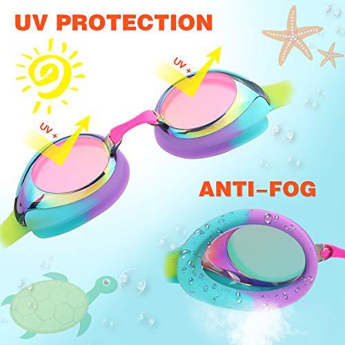 Keary Kids Mirrored Pink Swim Goggles for 3-12 Years, Anti-Fog & UV Protection
