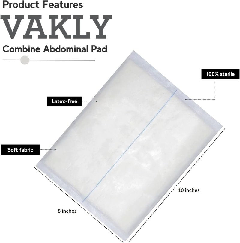 Vakly Sterile ABD Combine Pads 8 x 10 in (48 Pack) – High Absorbency Abdominal Pads, Non-Adherent Post-Op Gauze Dressings for Heavy Drainage & Wound Care, Individually Wrapped