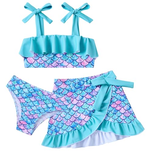 ALISISTER Girls 3-Piece Swimsuit Set with Cover Up & Skirt - Mermaid Blue 5-6Y