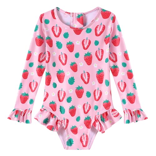 Toddler Girls One-Piece Swimsuit - Long Sleeve Ruffle Zipper Bathing Suit UPF 50+ - Pink Strawberry (3-4T)