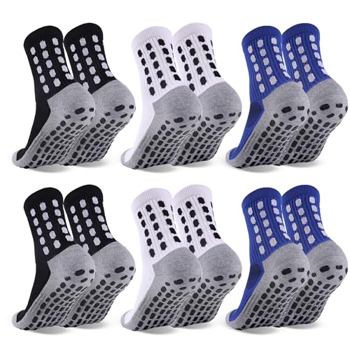 Barrlves 6 Pairs Kids Grip Soccer Socks Cushioned Non Slip Football Athletic Socks (Medium) – 2 Black, 2 White, 2 Blue