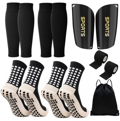 Dinceer 2 Pair Kids Grip Soccer Socks Set with Shin Guards, Sleeves, Tape & Bag - Black