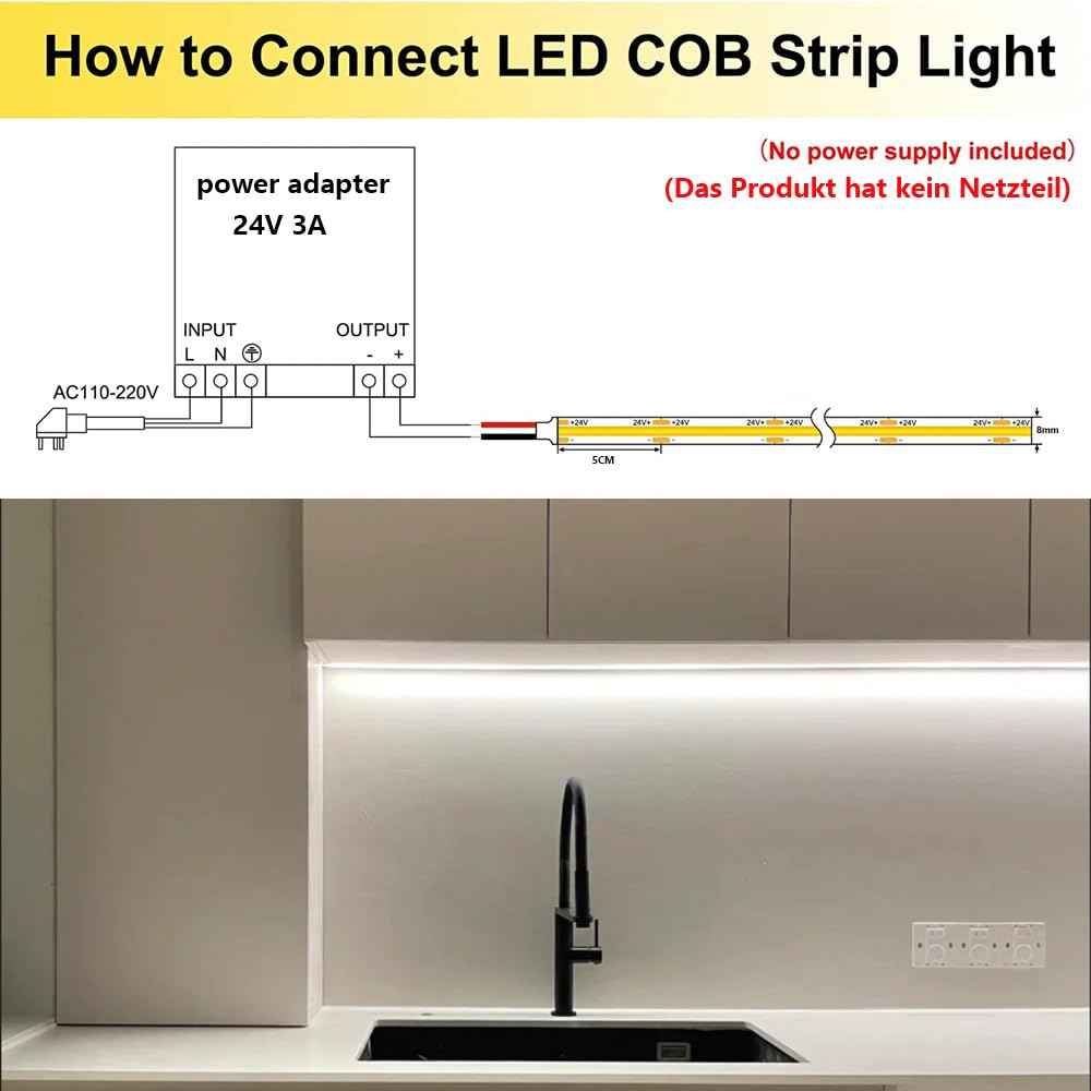 TOPAI 24V COB LED Strip 5000K Daylight White Waterproof IP65 480LEDs/M Super Bright 4000Lm CRI>90 16.4ft Dotless High Density Cuttable Flexible for Cabinet Home DIY Lighting Projects