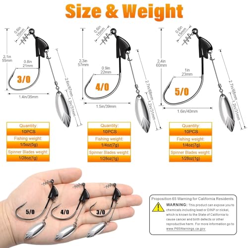 Dovesun Weighted Swimbait Hooks 3/0, 1/5oz Underspin Fishing Hooks, 10pcs