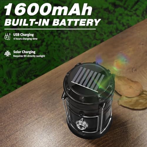 Solar Camping Lantern & LED Flashlight - Collapsible Design - Modern Black