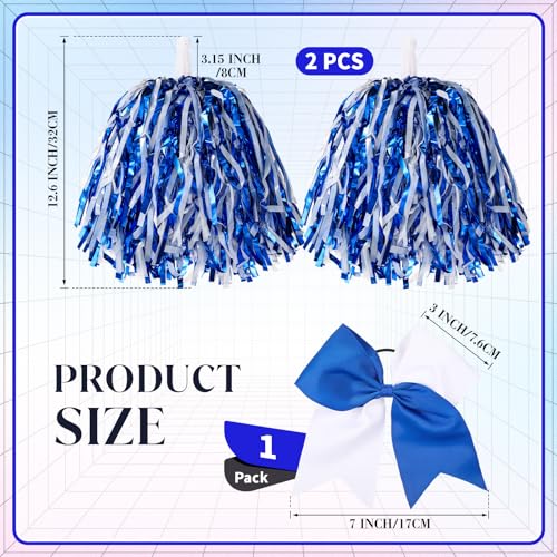 Cheerleading Pom Poms Set with Large Hair Bow - Metallic Blue