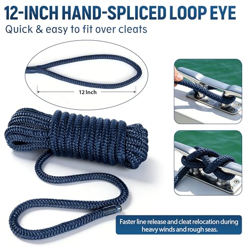 Boat Dock Lines 2 Pack 3/8" x 15' - Boat Ropes for Docking with Loop, Marine- Grade Double Braided Nylon Dock Line, 3/8 Nylon Rope for Mooring, Towing, and Anchoring, Boat Gifts for Men (Navy Blue)