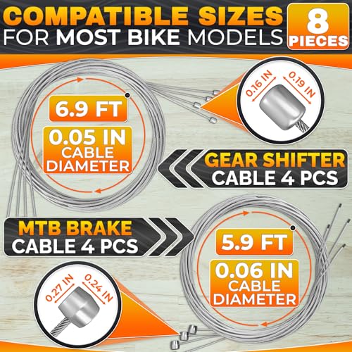 Bicycle Brake Cable Kit - 8 Pcs, Stainless Steel, 1800mm