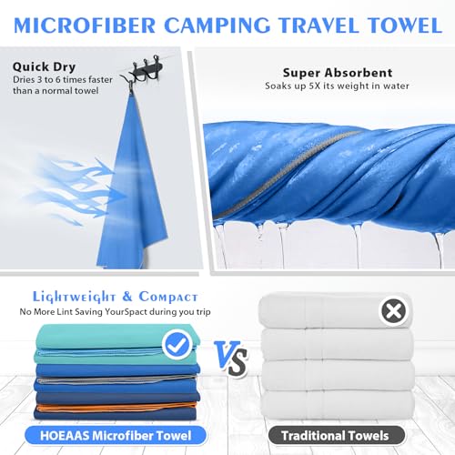 HOEAAS 2 Pack XL Microfiber Camping Towels 60x30+24x12 Inches Quick Dry Super Absorbent Lightweight for Travel, Sports, Hiking, Pool & Gym