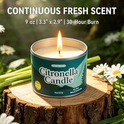 Olorvela 2 Pack Outdoor & Indoor Citronella Soy Wax Candles - 18oz, 60+ Hours Burn Time, Natural Scent, Reusable Metal Tins