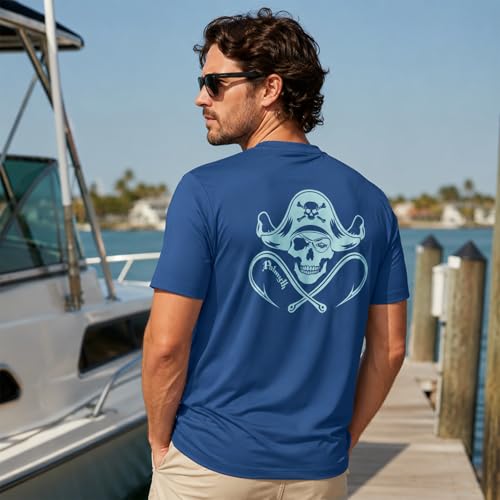 Palmyth Men’s Fishing Shirt Short Sleeve Sun UV 50+ UPF Navy Skull Pirate X-Large