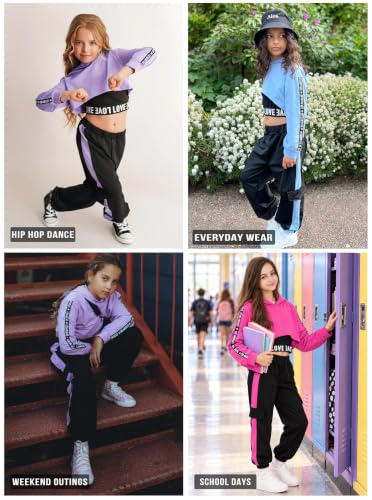 Hilinker Girls 3-Piece Outfit Set: Crop Hoodie, Tank & Sweatpants | Purple-Black, 11-12Y