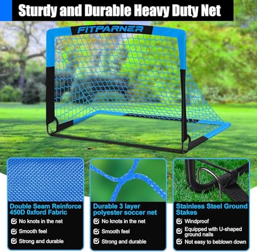 Kids Soccer Goals Set - 2 Portable Pop Up Nets with Ball & Cones - Blue Black, 4x3FT