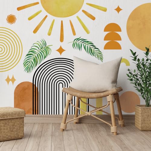 Creative Boho Half Sun Wall Decals Abstract Line Rainbow Wall Sticker DIY Removable Sun Minimalist Aesthetic Tropical Leaf Flowers Painting Decor for Kids Girls Bedroom Living Room Nursery Decoration
