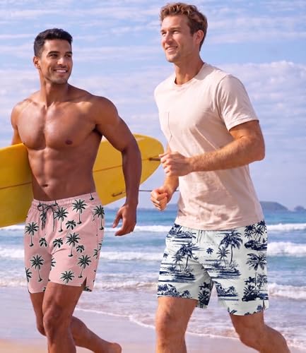 COOFANDY Men's Navy Blue Coconut Tree Swim Trunk with Compression Liner 2-in-1 Quick Dry Bathing Suit Large