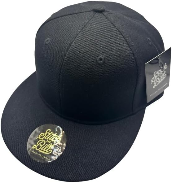 Stitch and Bill Premium Fitted Flat Brim Baseball Cap 7 3/4 Black