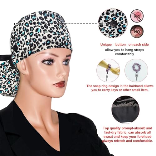 Scrub Cap with Silky Inner - Adjustable Cotton Hat with Sweatband - One Size Blue Flower