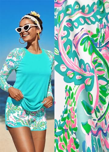 MODLILY Two Piece Women's Rash Guard with Paisley Print - Long Sleeve, Cyan, Medium