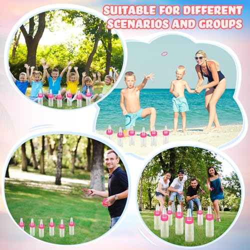 Pink 2.36 Inch Ring Toss Game Set with 6 Glass Bottles and 24 Plastic Rings - Summer Backyard & Carnival Fun