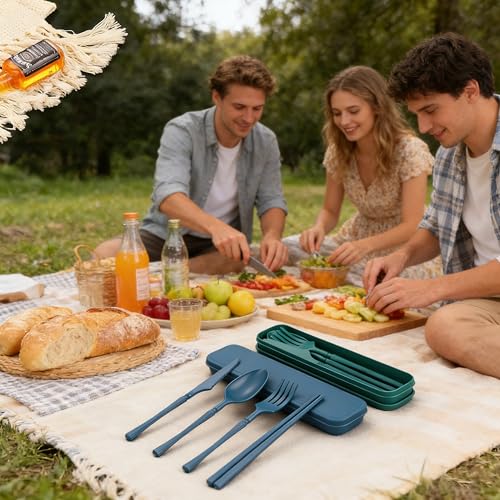 Camping Cutlery Set - Reusable Dark Blue Utensils with Case