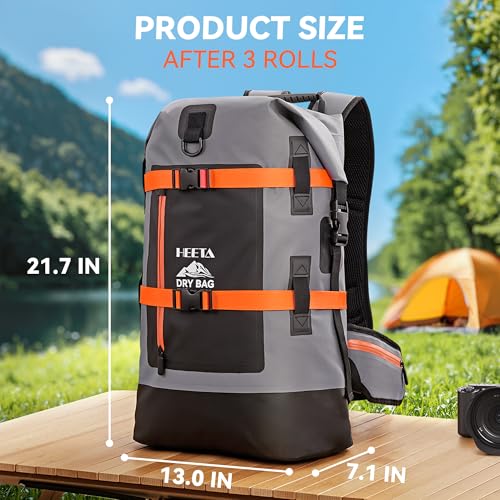 HEETA 40L Waterproof Dry Backpack Grey Heavy Duty Waterproof Bag for Hiking & Travel