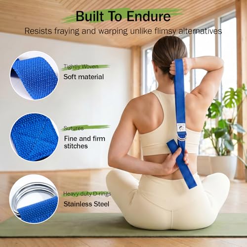 Adjustable Cotton Yoga Strap with D-Ring Buckle - 8 Feet Deep Blue