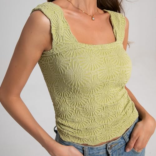 Niceyoo Women's Square Neck Crop Tank Top with Lettuce Trim – Green, Medium-Large