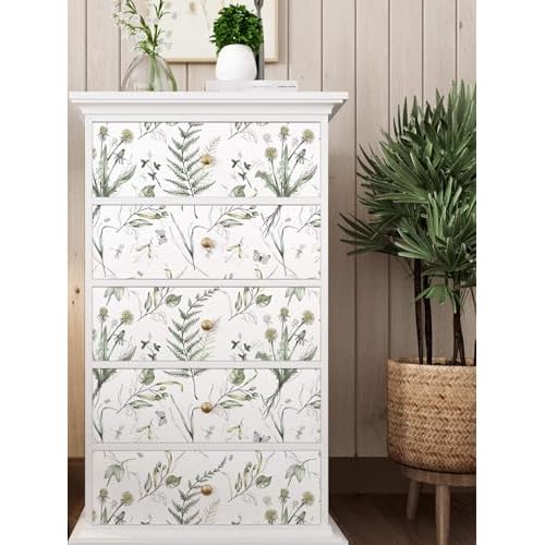 LiKiLiKi Green Floral Peel and Stick Wallpaper - Boho Style, 17.3'x118', Self-Adhesive, Removable Vinyl for Countertops and Cabinets