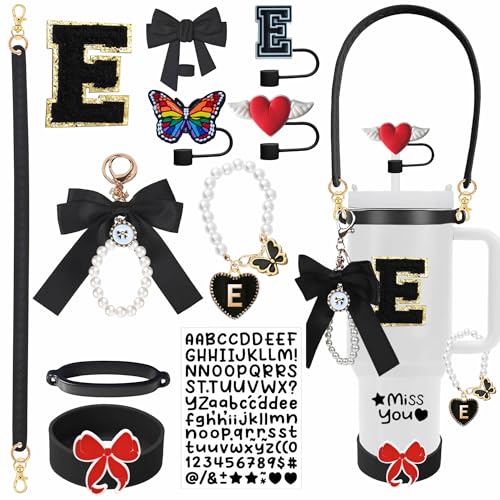 11PCS Stanley Cup Accessories Set - Handle Strap, Silicone Boot, Charms, Black/E
