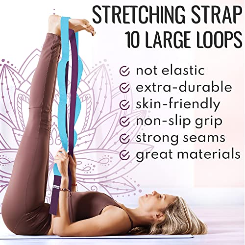 Stretching Strap with 10 Loops for Physical Therapy - Purple Blue