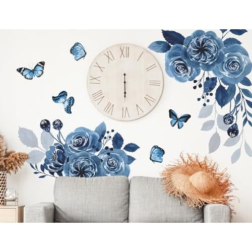 Flower Wall Decals - Blue Peony, Butterfly Rose, Floral Peel and Stick Removable Vinyl Decor for Girls Bedroom, Living Room, Kids Room