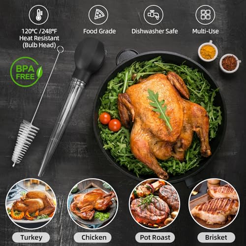 Large Turkey Baster with Cleaning Brush - Heat-Resistant Basting Tool - Black