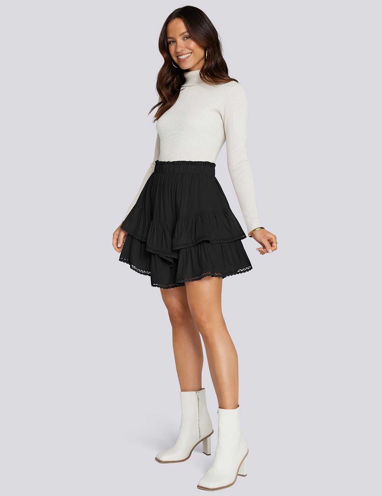TARSE Women's Boho Ruffle Tiered Skorts Elastic High Waist Flowy Mini Skirts Casual Crochet Shorts Trendy Vacation Black, XXL