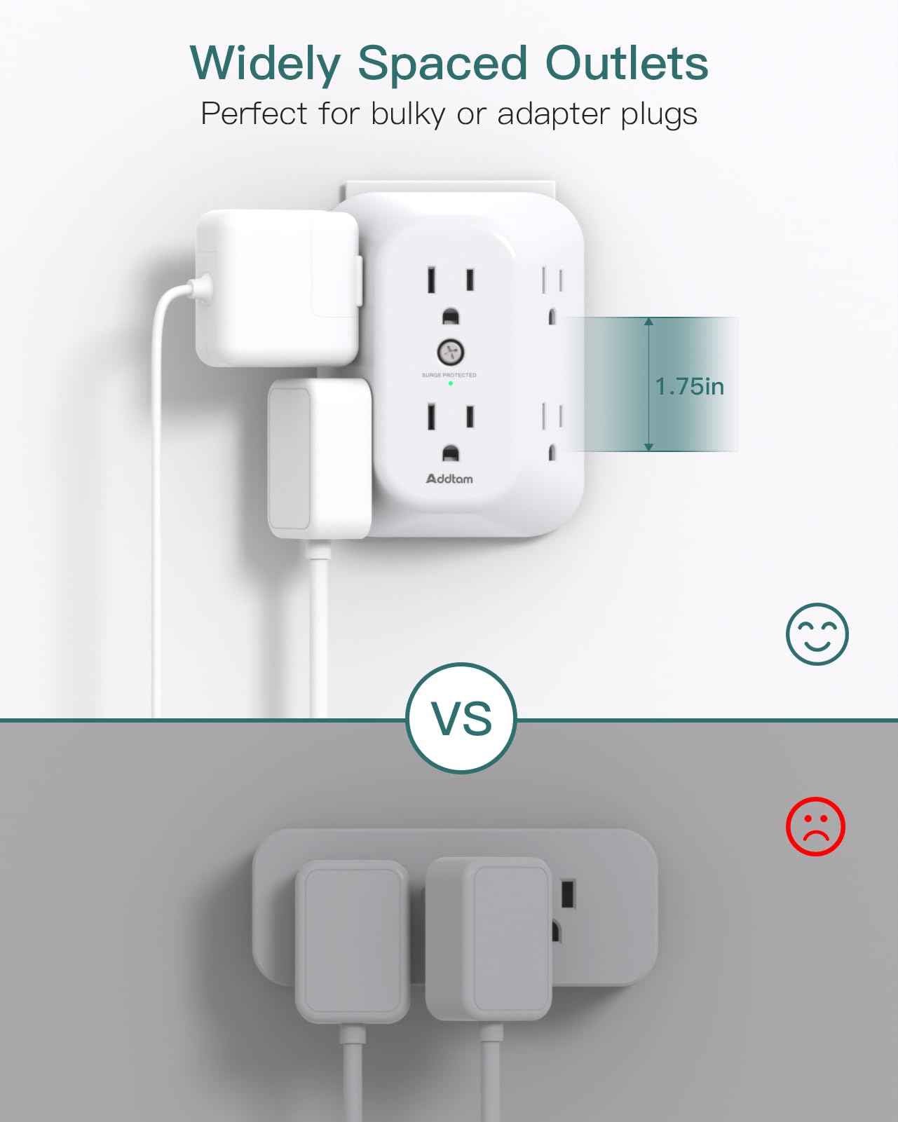 2-Pack Surge Protector Outlet Extender, Outlet Splitter, 6 AC Multi Plug Wall Outlet, Outlet Adapter with 1800J, Plug Extension Outlet for Home Office Dorm Room