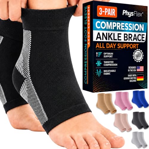 PhysFlex Black Large Compression Ankle Support Socks 3-Pack for Men & Women