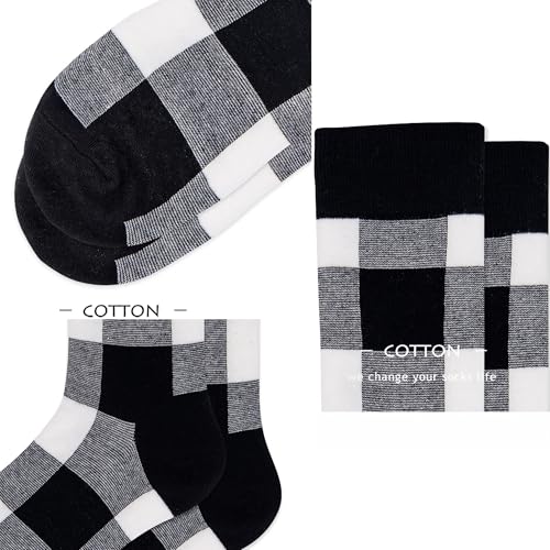 Buffalo Plaid Cotton Crew Socks - Warm Hiking Casual 2-Pairs - Black+Black (10-14)
